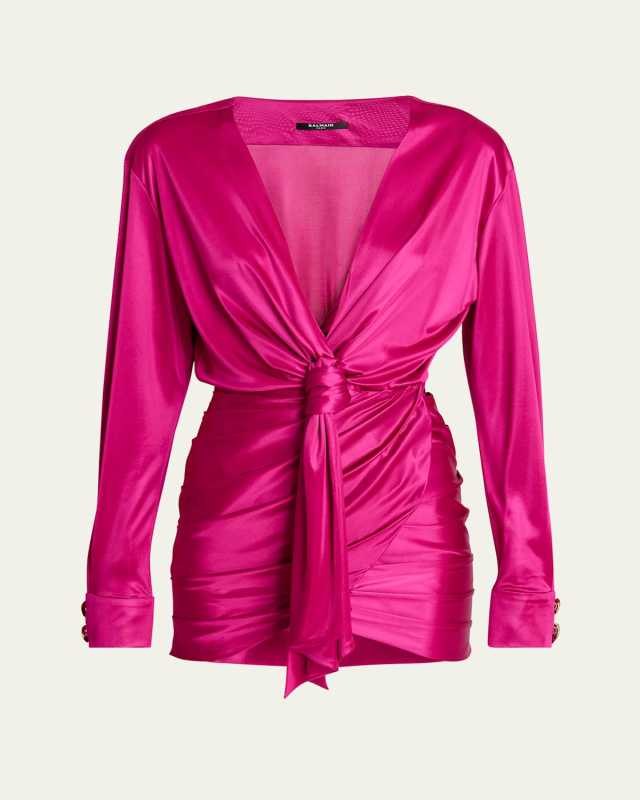 Knotted Draped Silk Mini Dress